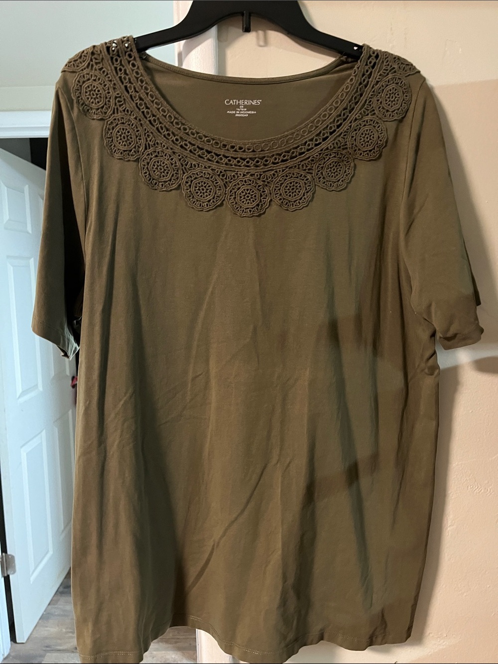Catherines Olive Crochet-Trim Short Sleeve Top